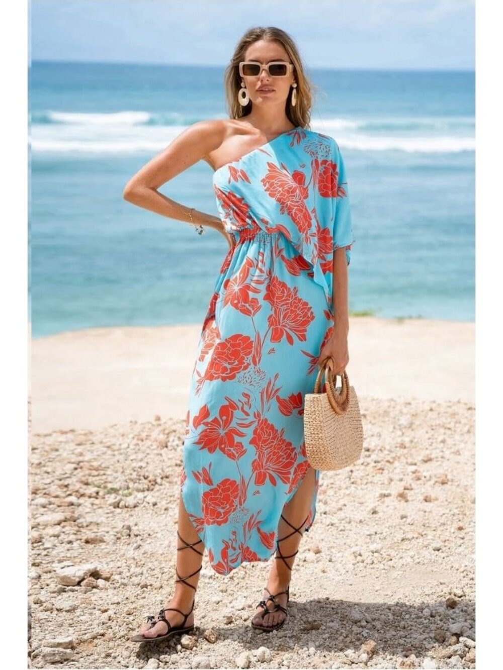 Womens One-Shoulder Floral Maxi Dress Blue Orange Lightweight Coastal Beachwear